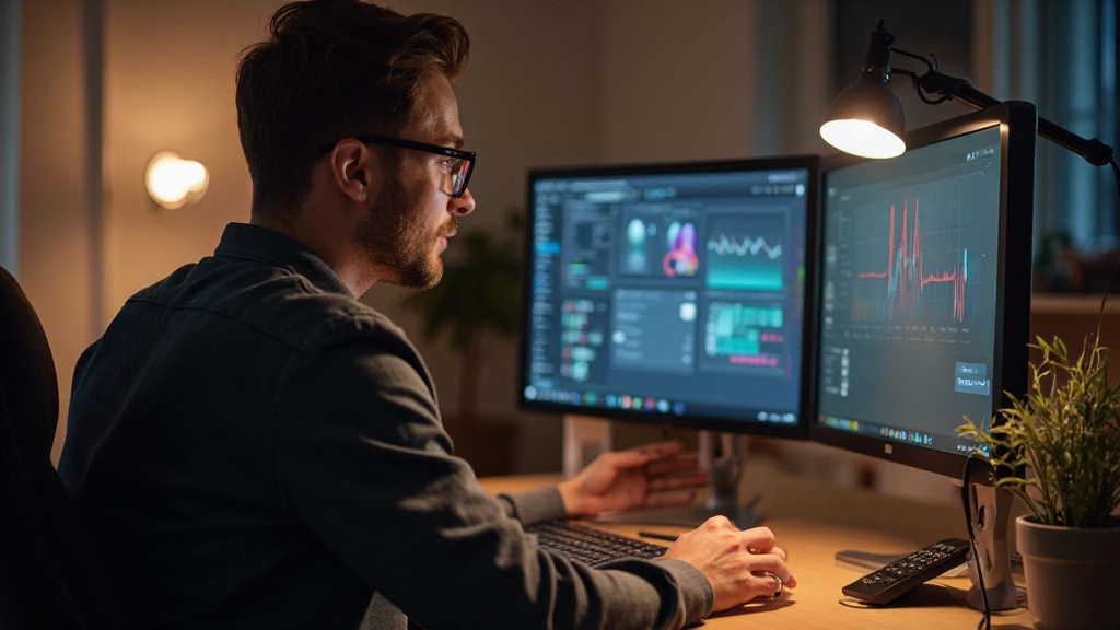 Ontwerper werkend aan interactief prototype op grote monitor met warm licht